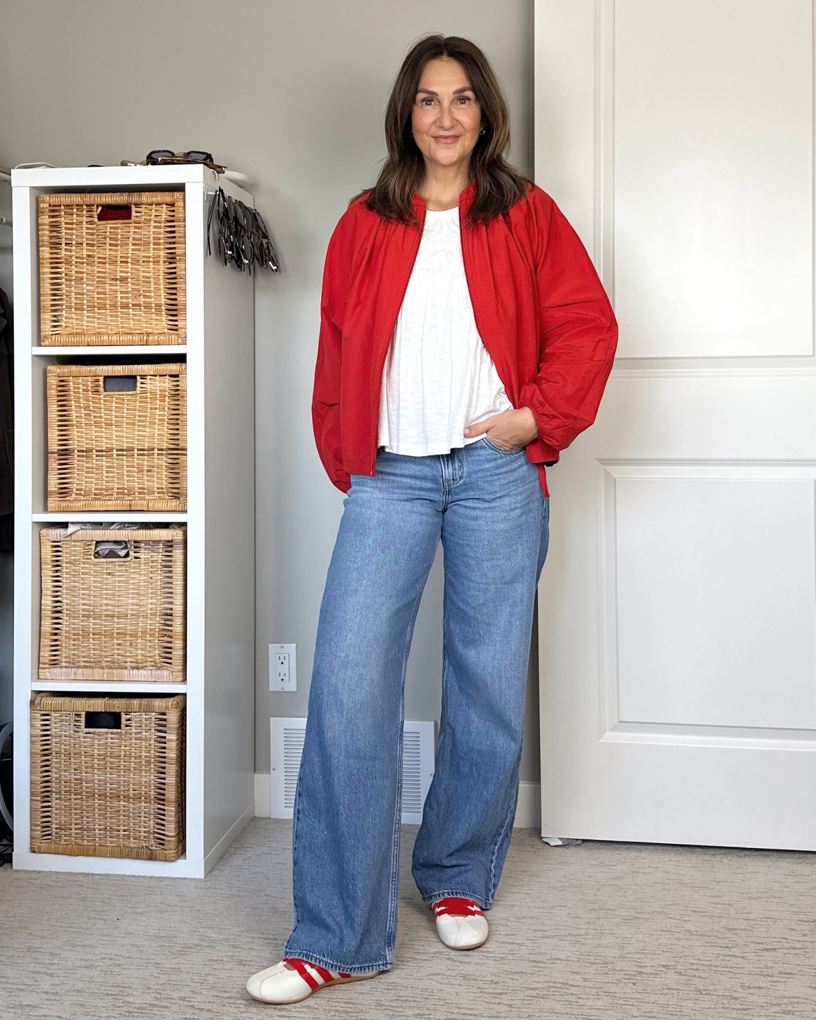 Mary Jane sneakers! Not sure if I’m into this trend but these sneakers are cute and comfortable. Like all Adidas sneakers they fit big, I always go down 1/2 size.
Wearing my usual size 27 in the jeans and had to size up to L in the jacket cause it was the only size left.


#LTKTall #LTKOver40 #LTKootd