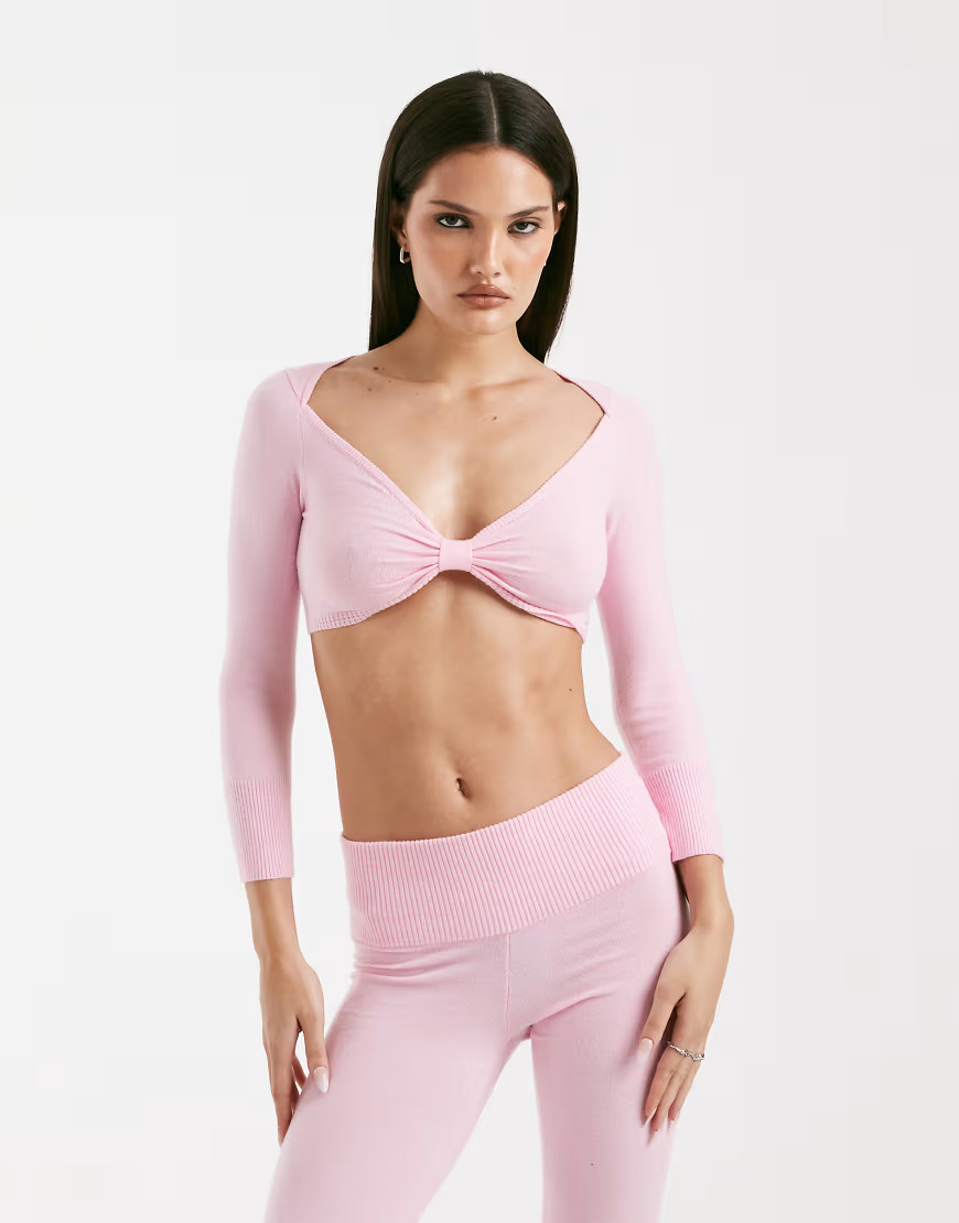 I.AM.GIA Morgana super soft fine knit bow front long sleeve crop top in baby pink - part of a set | ASOS (Global)