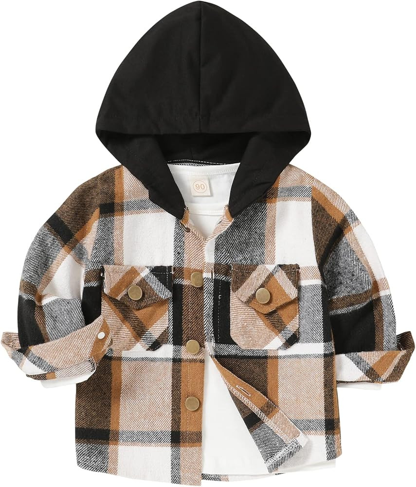 YOUNGER STAR Toddler Kids Boys Girls Flannel Hooded Plaid Shirt Button Baby Red Clothes | Amazon (US)