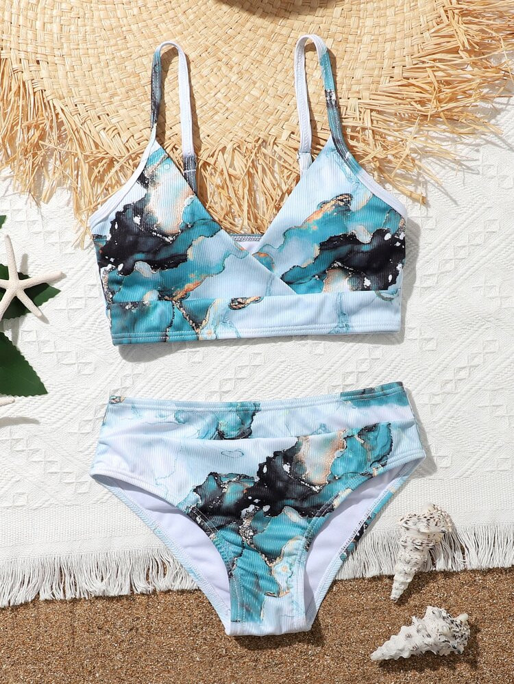 Girls Marble Print Bikini Swimsuit | SHEIN