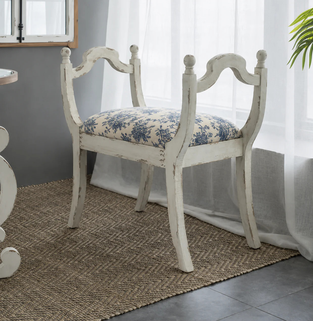 Burlap Upholstered Vanity Bench - Blue Floral | River Chic Designs