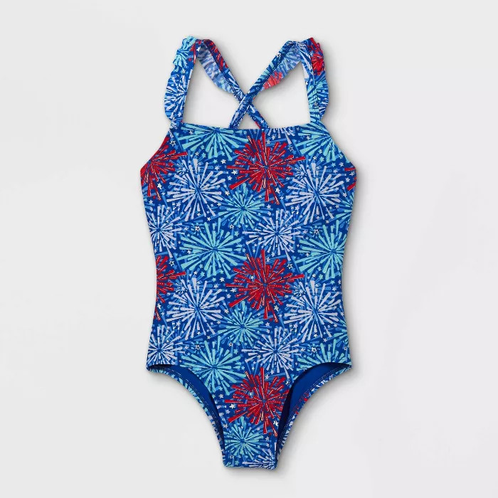 Girls' Firework Foil One Piece Swimsuit - Cat & Jack™ Blue | Target
