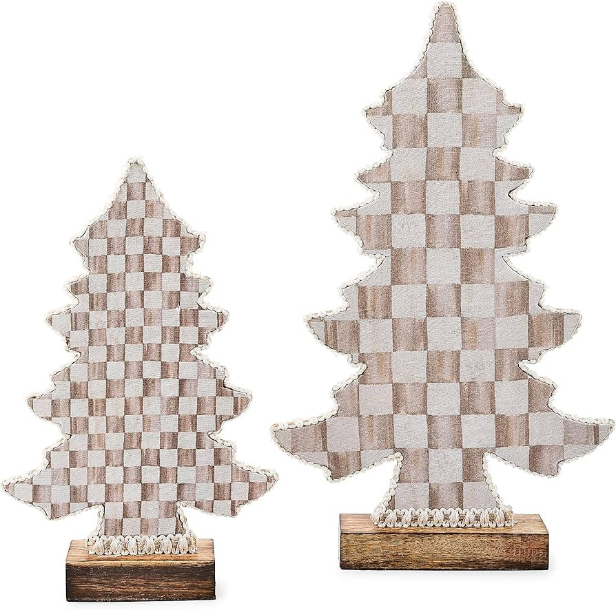 MACKENZIE-CHILDS Set of 2 Wood Trees, Christmas Tabletop Tree Decor, Brown-and-White Mocha Check | Amazon (US)