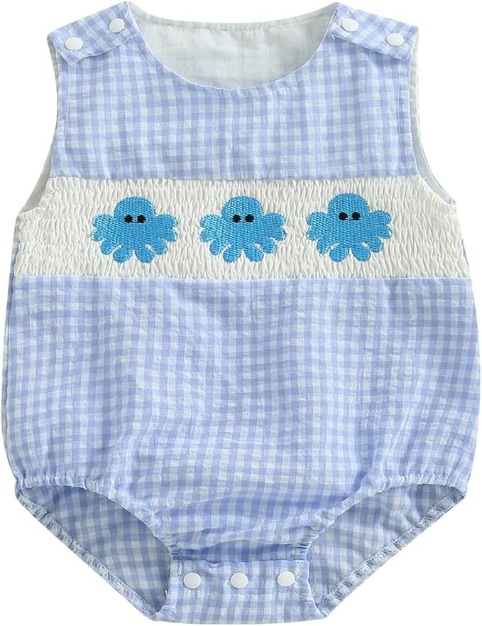 Newborn Boy Turtle Romper Sleeveless Seersucker Stripe Overalls Gingham Plaid Octopus Bodysuit Ba... | Amazon (US)