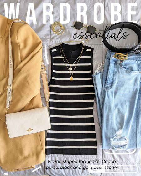 Wardrobe essentials. Neutrals and stripes should be staple pieces in your closet. All of these pieces can easily to styled with or added to other neutral items like these.• 𝗡𝗲𝘂𝘁𝗿𝗮𝗹 𝗯𝗹𝗮𝘇𝗲𝗿 - a tan blazer is the perfect piece to add to a casual or dressy look. Pair with a top and pants for work or add to a top and jeans for a more casual look.• 𝗦𝘁𝗿𝗶𝗽𝗲𝗱 𝘁𝗼𝗽𝘀 - horizontal stripes are always in style. Opt for neutral colored striped pieces like black and white, beige, tan, etc.• 𝗛𝗶𝗴𝗵 𝘄𝗮𝗶𝘀𝘁 𝗷𝗲𝗮𝗻𝘀 - a high waist silhouette is flattering on almost every body type. The high waist pairs well with tucked in tops and accentuates your waistline. They also look great with cropped tops.• 𝗡𝗲𝘂𝘁𝗿𝗮𝗹 𝗽𝘂𝗿𝘀𝗲 - you want to have a neutral purse that you can use every day that easily pairs well with any outfit. This Coach bag is only $109 and I use it every day!• 𝗕𝗹𝗮𝗰𝗸 𝗮𝗻𝗱 𝗴𝗼𝗹𝗱 𝗮𝗰𝗰𝗲𝘀𝘀𝗼𝗿𝗶𝗲𝘀 - a black belt is a must have. Gold hardware looks better than silver with most outfits and will complement gold jewelry.💰 𝗦𝗮𝘃𝗶𝗻𝗴𝘀: 15% off striped tank with saved coupon

#LTKSpringSale #LTKitbag #LTKstyletip