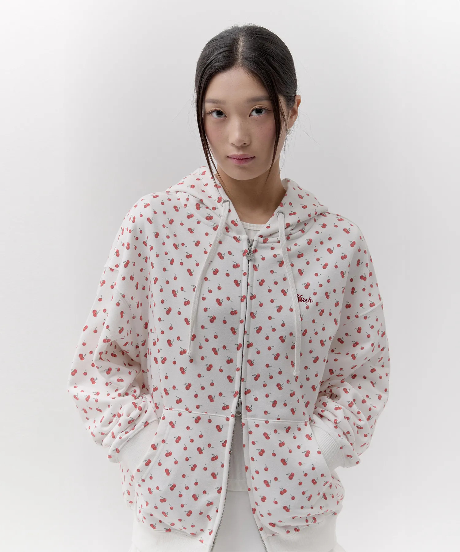 MUSINSA | KIRSH Cherry Graphic Loose Fit Hooded Zip-Up [White] | Musinsa Global
