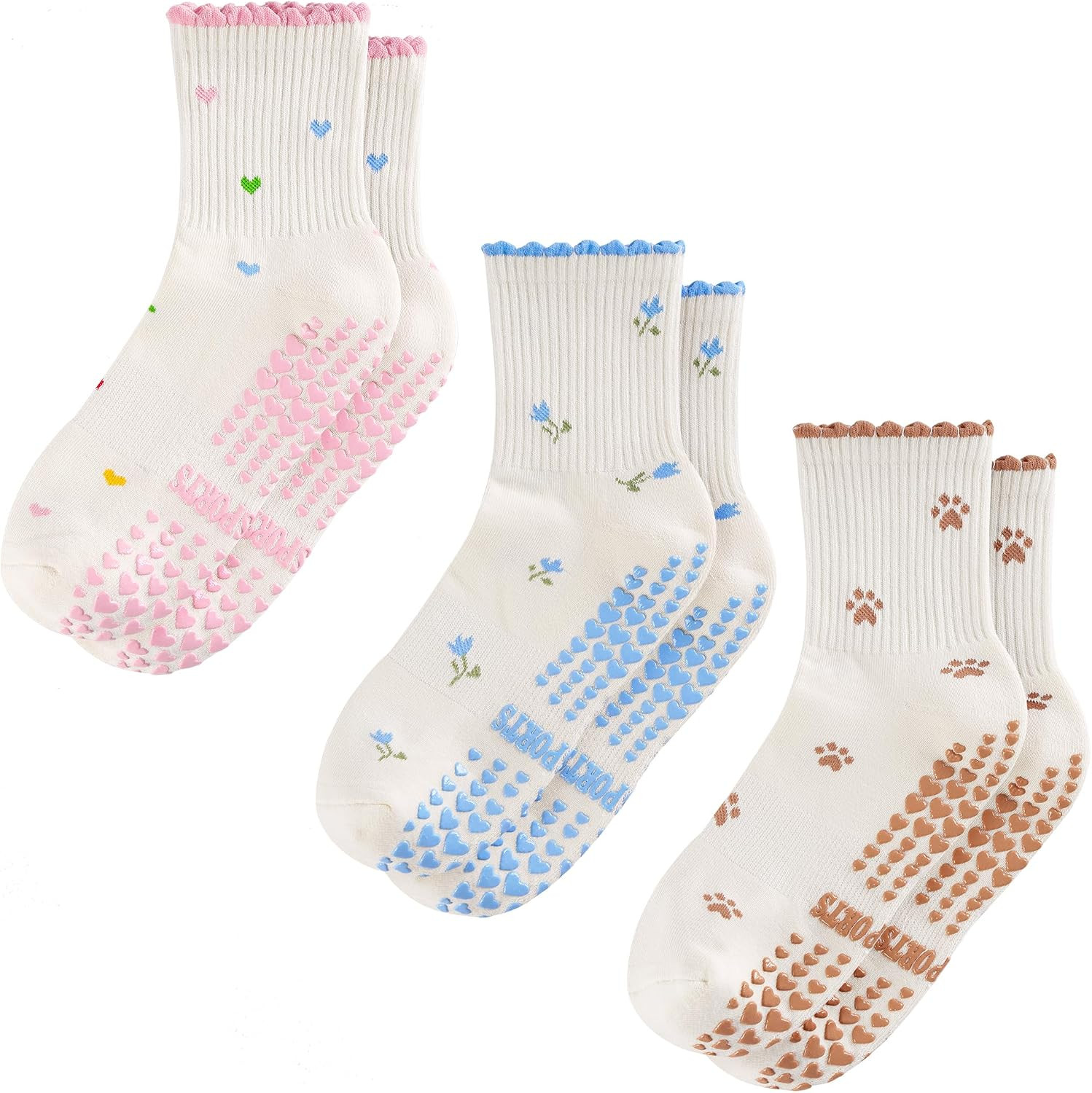 Pilates Socks with Grip Yoga Socks for Women Cute Ruffle Socks 3 Pairs | Amazon (US)