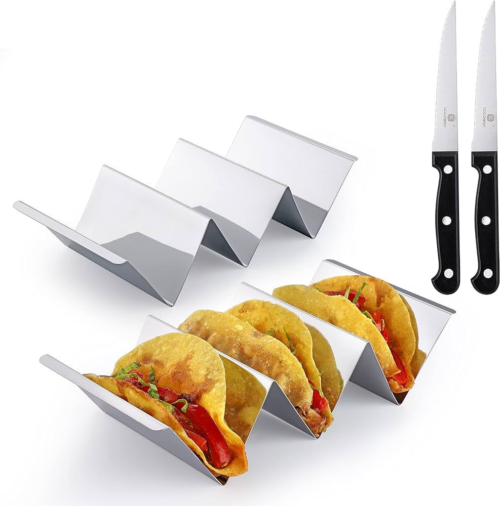 Taco Holder Stands Set of 4 – 2PCS Stainless Steel Taco rack tray and 2PCS Steak Knives – Per... | Amazon (US)