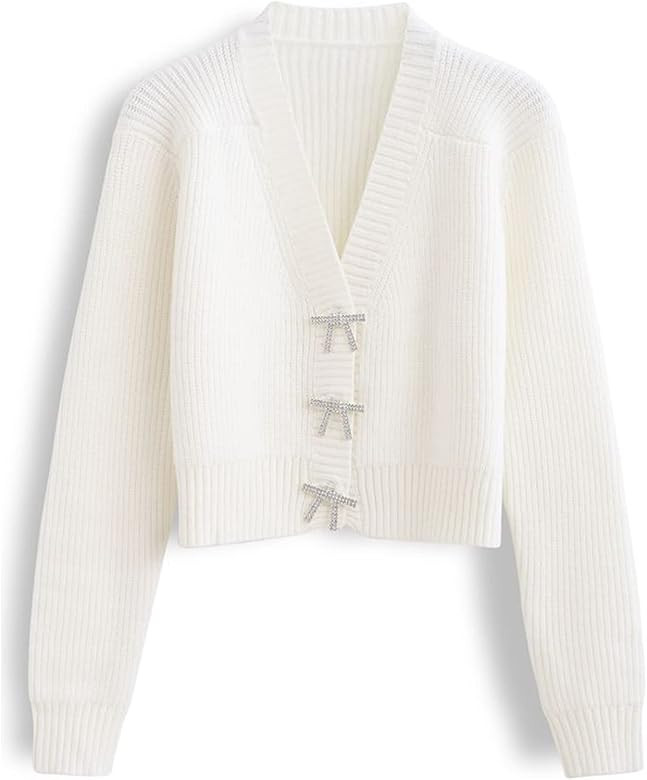 CHICWISH Women's White/Red/Black/Pink/Mint Bowknot Brooch Button Up Crop Knit Cardigan | Amazon (US)