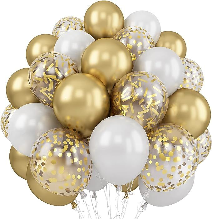 Balloons White and Gold, 60 Packs 12 Inch Metallic Gold Balloons Pearl White Latex Balloons Gold ... | Amazon (US)