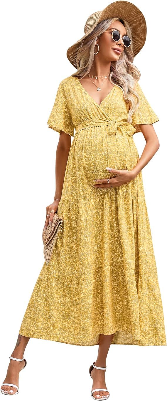Maternity Dress Women's V-Neck Puff Sleeve Pleated Maternity Maxi Dress for Baby Shower or Casual... | Amazon (US)