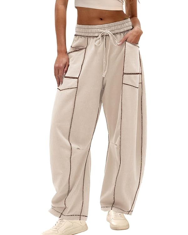 Athlisan Womens Baggy Barrel Pants Wide Leg Lounge Drawstring Sweatpants with Pockets | Amazon (US)