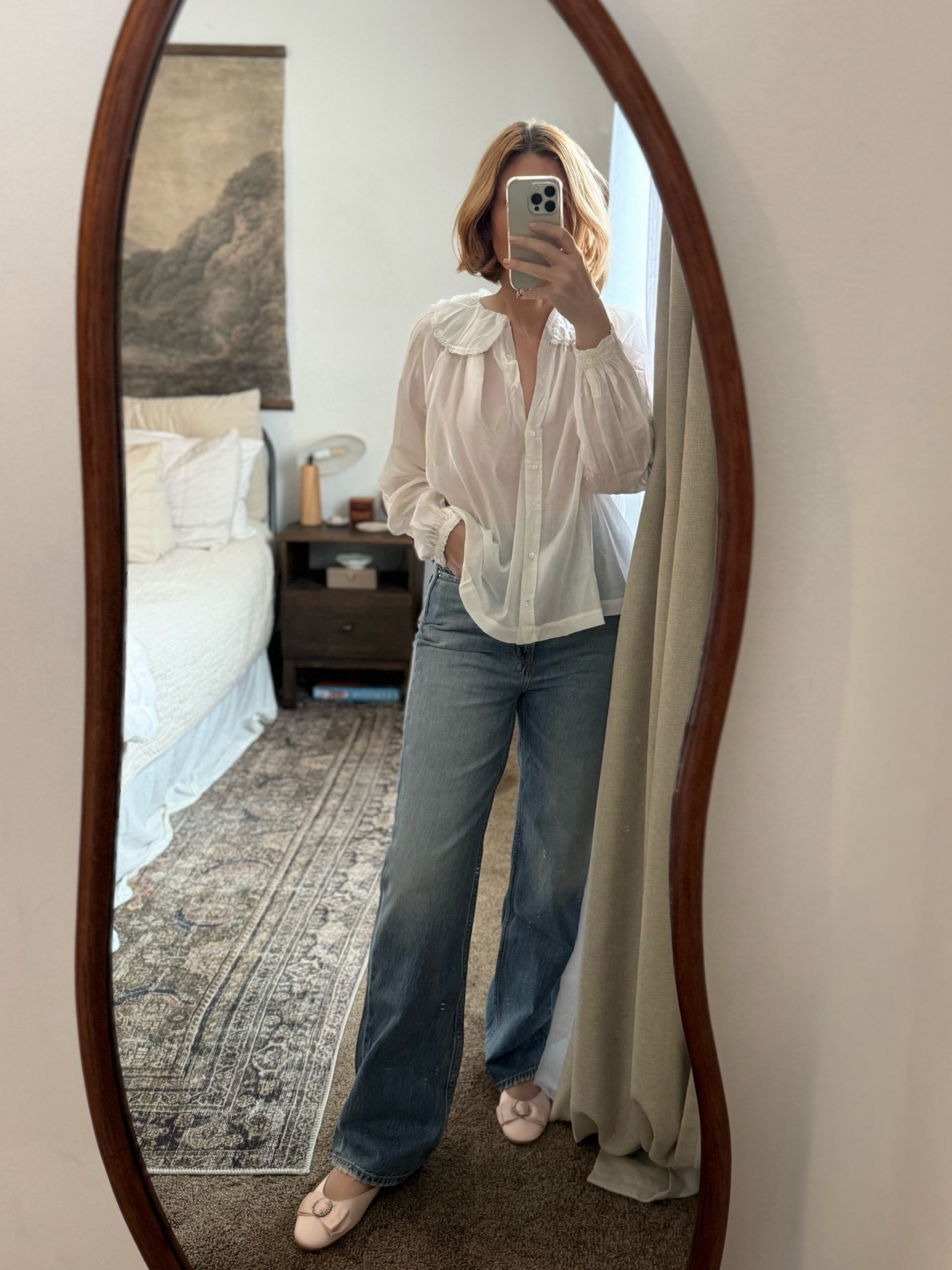 Easy everyday outfit: romantic white blouse, relaxed straight-leg jeans, and classic ballet flats. Effortless casual style that works for coffee runs, errands, or a casual dinner.

#LTKmomlife #LTKootd
