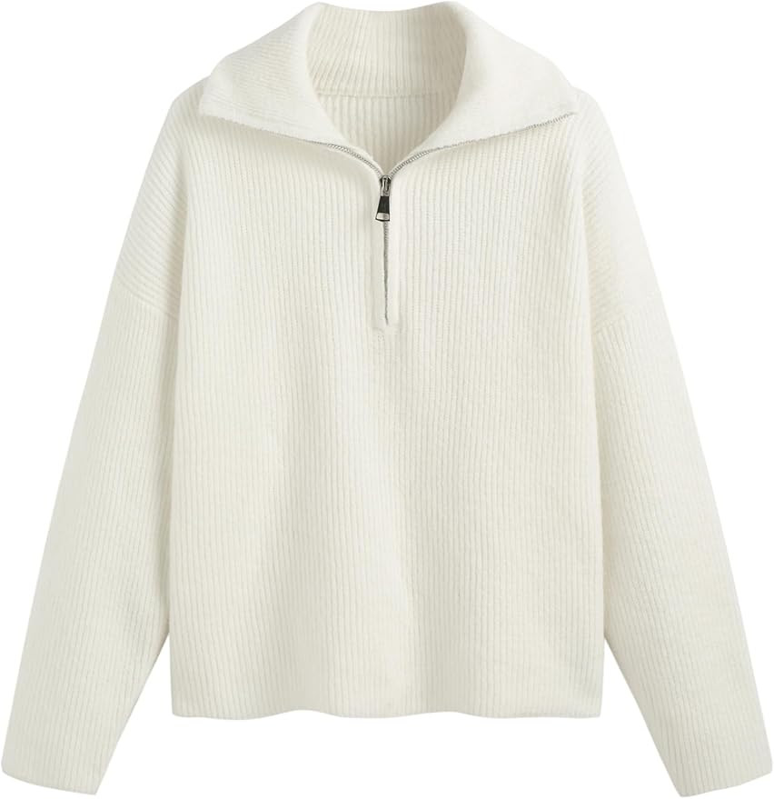 CIDER Quarter Zip Pullover Sweaters for Women Trendy V Neck Long Sleeve Fall Sweaters Solid Knit ... | Amazon (US)