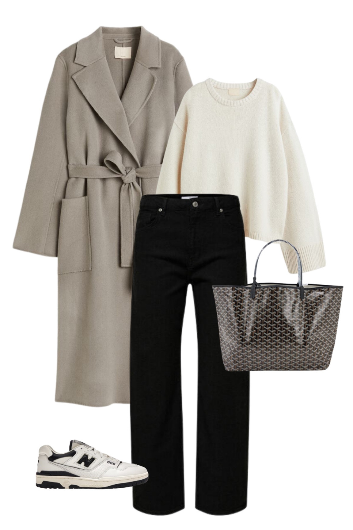 Fall outfit inspo for the officie: a belted coat, cream coloured jumper, black jeans, new balance 550 sneakers & a goyard tote bag.

#LTKstyletip #LTKeurope #LTKworkwear