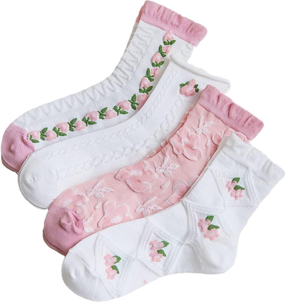 CHUNFO Cute Pink White Flora Women Ankle Sock Stripe Lettuce Trim Knitted Comfy Embroidered Girl ... | Amazon (US)