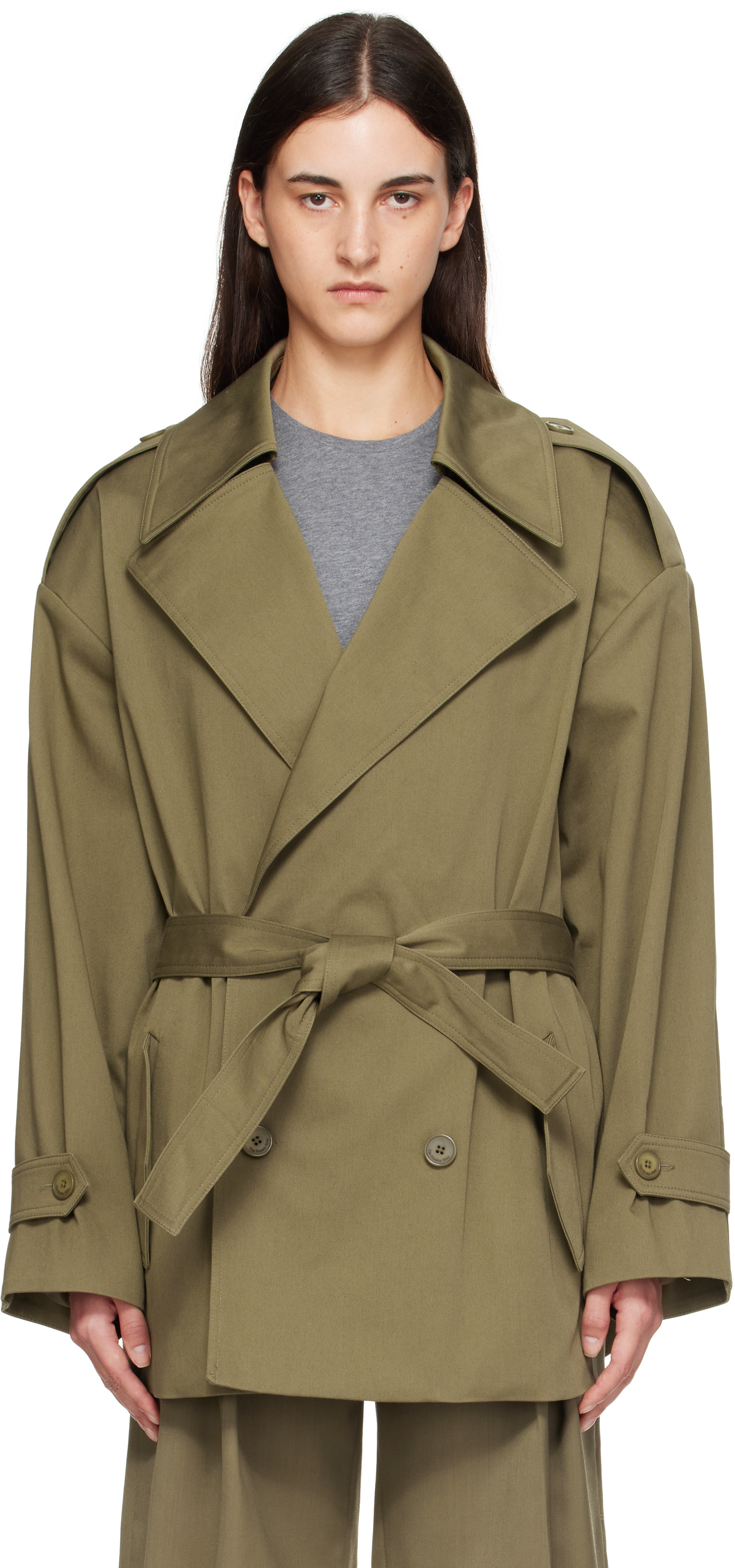 The Frankie Shop Khaki Zurich Oversized Short Trench Coat | SSENSE