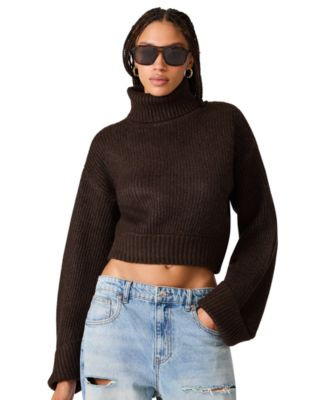 Steve Madden Women's Adelaide Turtleneck Cropped Ribbed-Knit Sweater - Dark Espreeo | Macy's