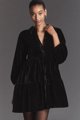 The Bettina Velvet Tiered Mini Shirt Dress by Maeve | Anthropologie (US)