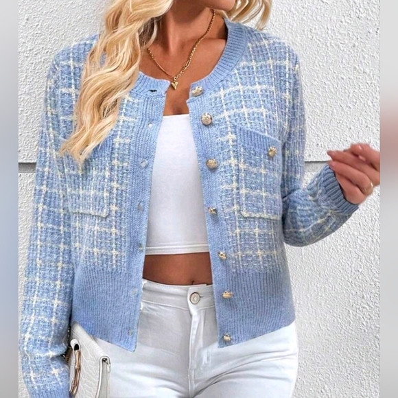 New Chic Plaid Tweed Knit Cardigan Sweater Blue White | Poshmark