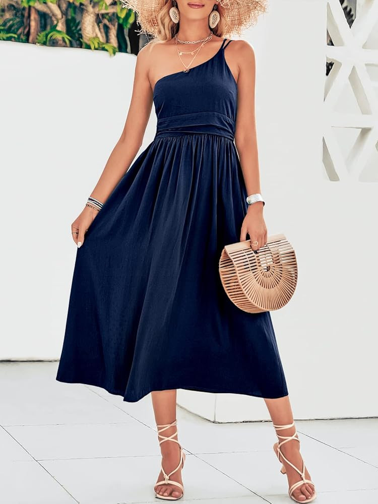 ANRABESS Women's Summer Straps Sundress One Shoulder Sleeveless Pleated High Waist A-Line Flowy Midi | Amazon (US)