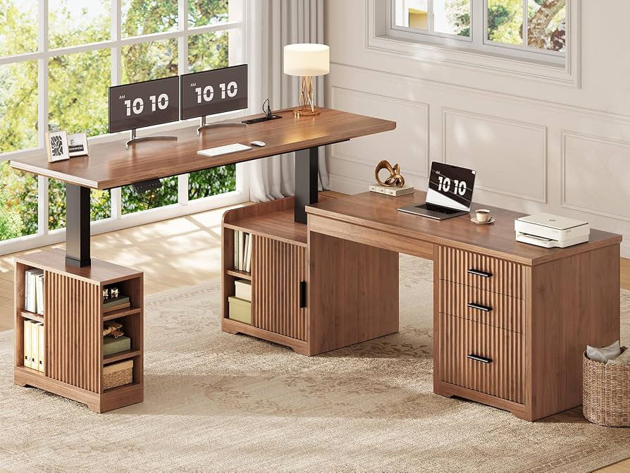 SEDETA Fluted L Shaped Electric Standing Desk, 63" x 67" Height Adjustable Home Office Executive ... | Amazon (US)
