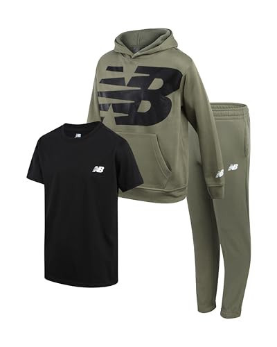 New Balance Boys Sweat Suit Set - 3 Piece Short Sleeve Graphic Tee, Fleece Pullover Hoodie and Jogger Pants for Boys (4-16), Size 10, Dark Olive | Amazon (US)