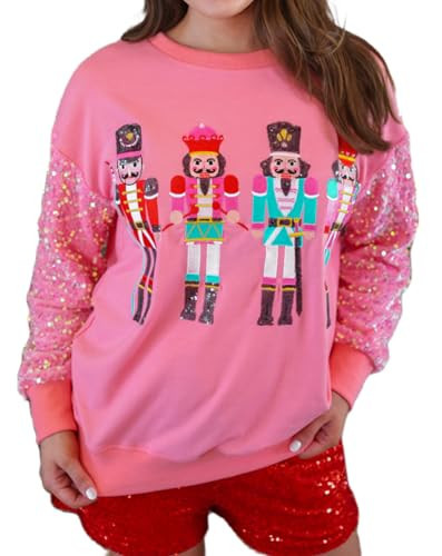 UAURORAO Christmas Sequins Nutcracker Sweatshirts Women Glitter Patch Crewneck Pullover Tops Sequin Splicing Long Sleeve Xmas Sparkly Printed Long Sleeve Nutcracker Shirt(Baggy Pink,L) | Amazon (US)