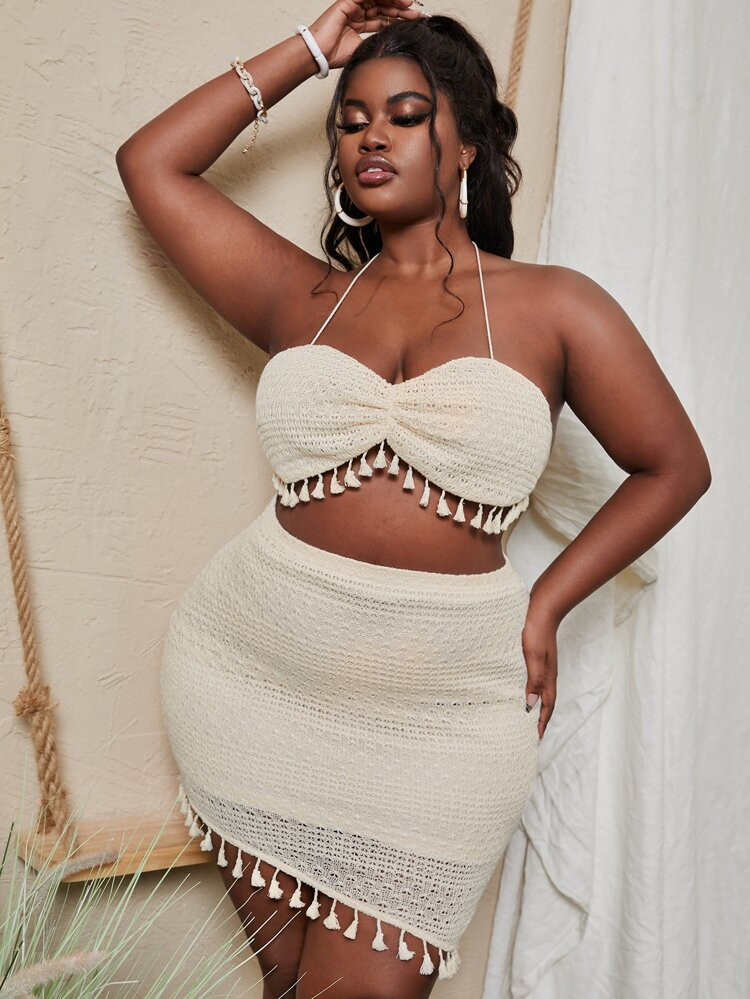 SHEIN SXY Plus Tassel Trim Tie Backless Crop Halter Top & Skirt | SHEIN