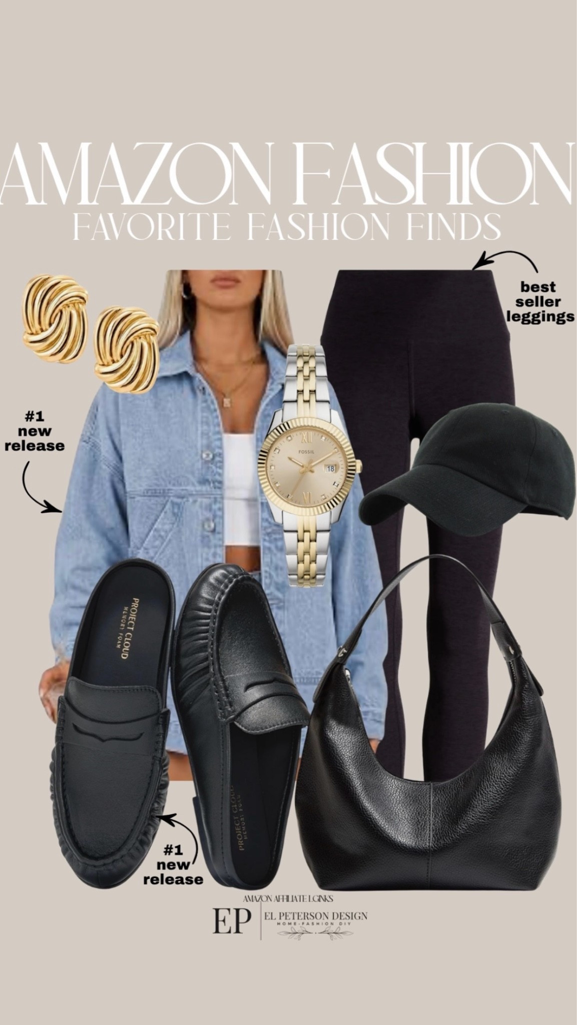 Amazon
Jean jacket
Leggings
Cap
Watch
Mules
Purse
Earrings