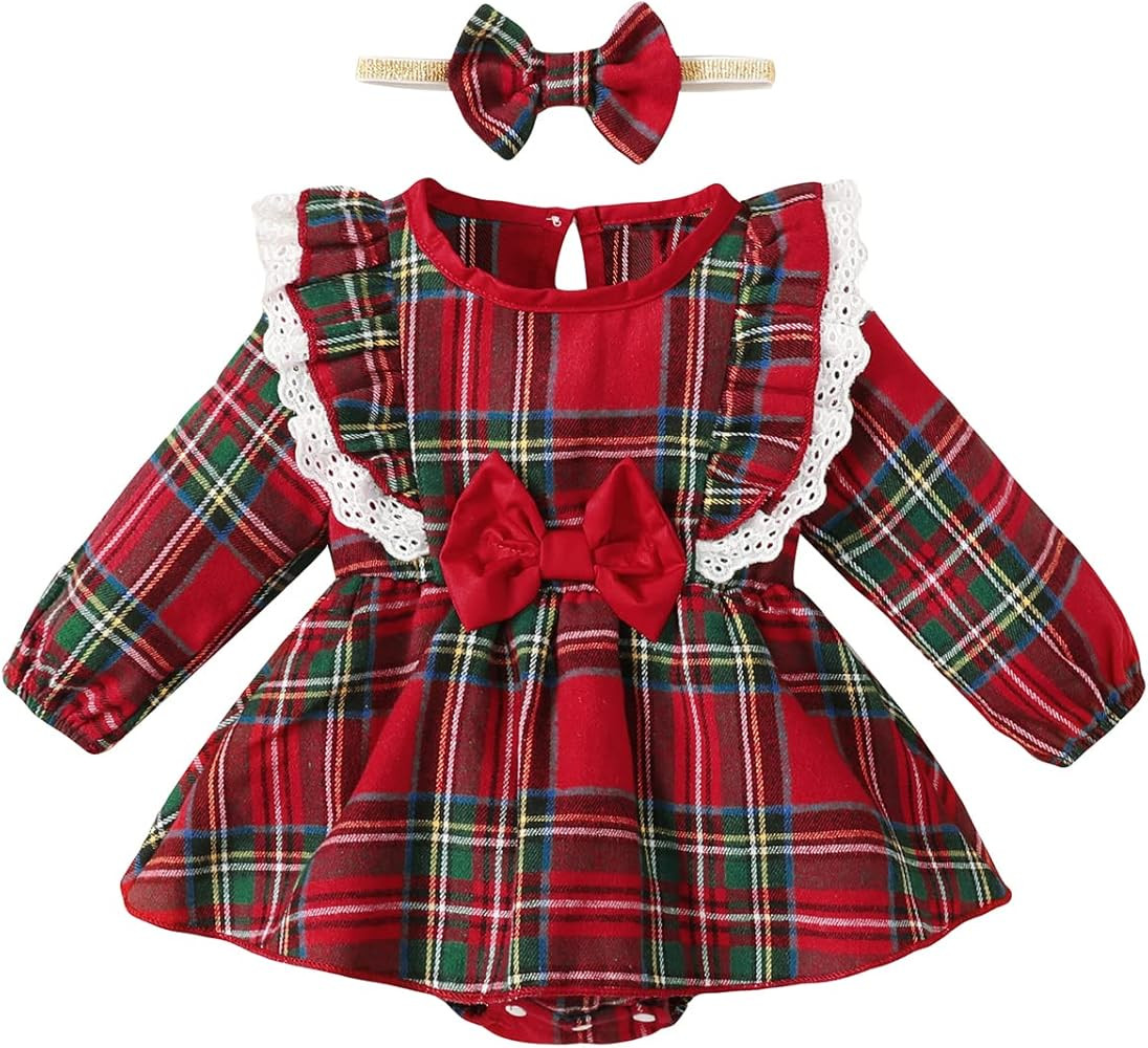 Baby Girl Christmas Outfit Girl First Christmas Bodysuit Baby Plaid Clothes | Amazon (US)