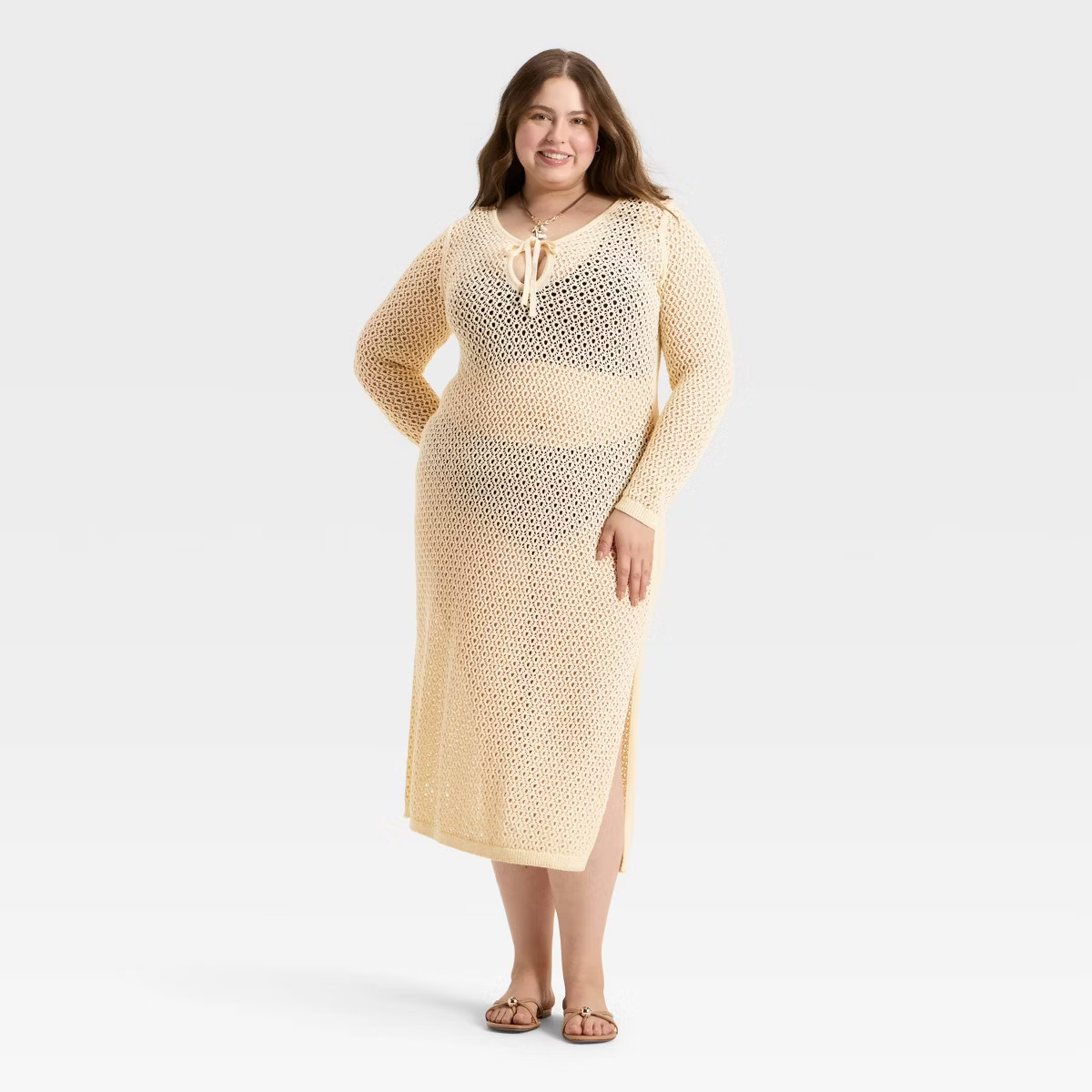 Women's Crochet-Style Long Sleeve Maxi Sweater Dress - A New Day™ Cream | Target