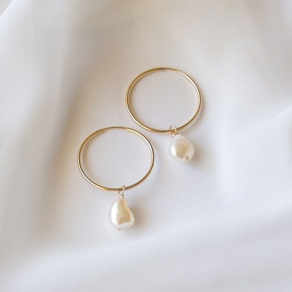 Large Pearl Hoop Earrings - Baroque Pearl Earrings, Gold filled Pearl Hoop Earrings, Gold filled ... | Etsy (US)