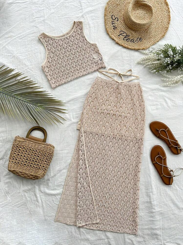 Soleia WYWH Women's Vacation Crochet Knit Top & Split Hem Skirt Set, Perfect For Music Festival & Bohemian Style, Crochet Outfits Two Pieces | SHEIN