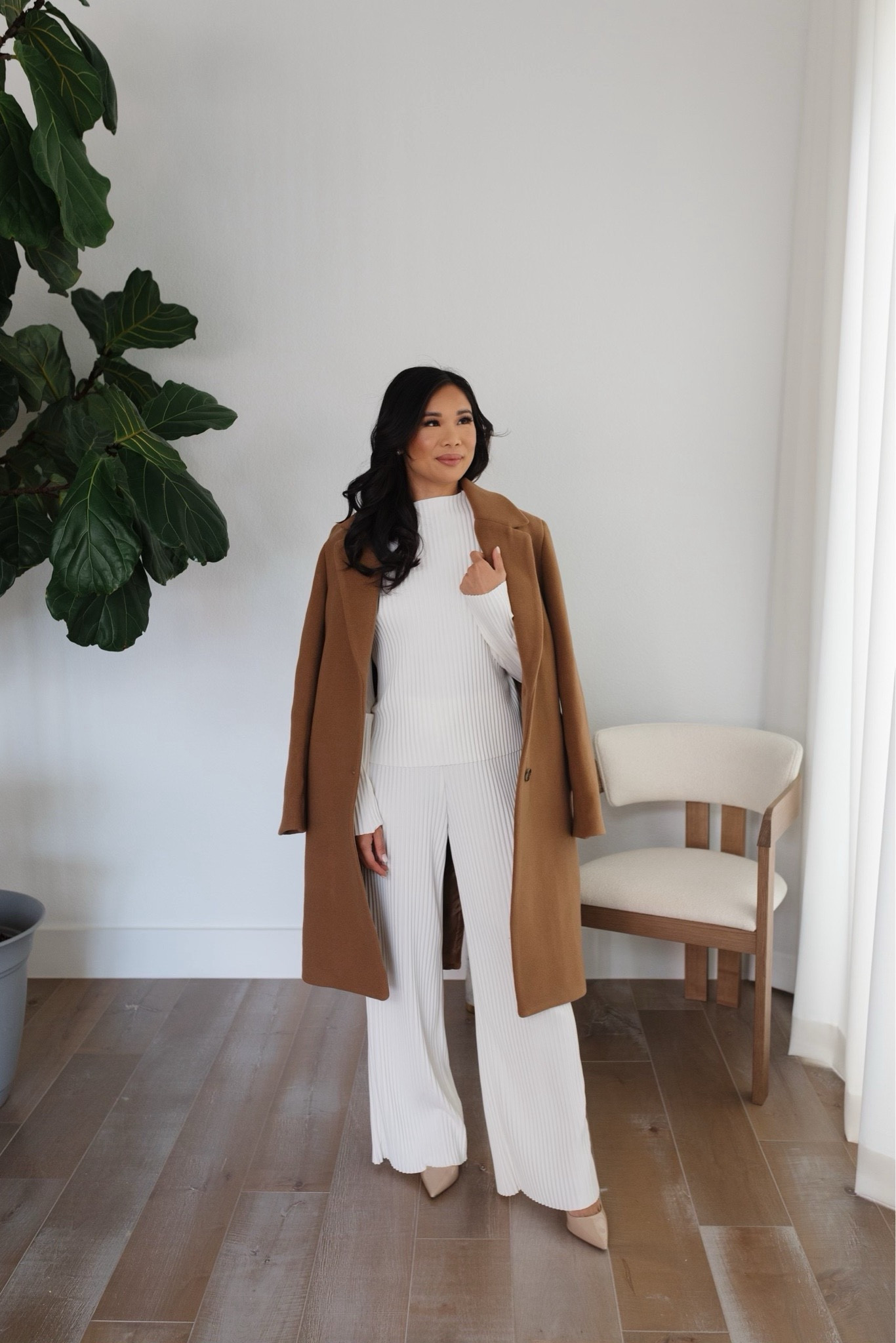 Cozy plisse set in size XXS paired with brown wool cashmere coat in size XXS from @aritzia that is perfect for colder fall and winter! Love how this is easy to throw together and can be dressed up or dressed more casual depending on the day. On sale for Black Friday! 

#LTKCyberWeek #LTKStyleTip #LTKSaleAlert