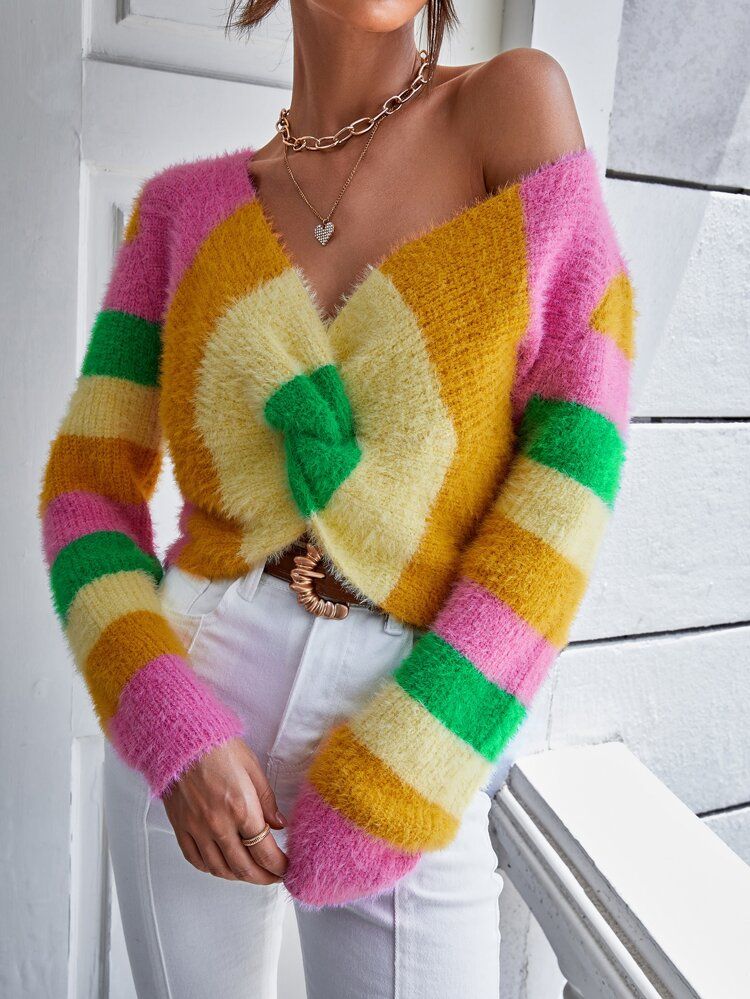 Color Block Twist Front Fluffy Knit Sweater | SHEIN