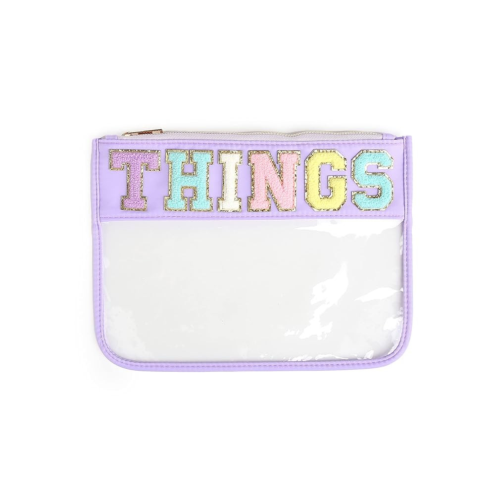 Varsity Letter Pouch Clear Zippered Bag with Chenille and Gold Patches Purple Things | Amazon (US)