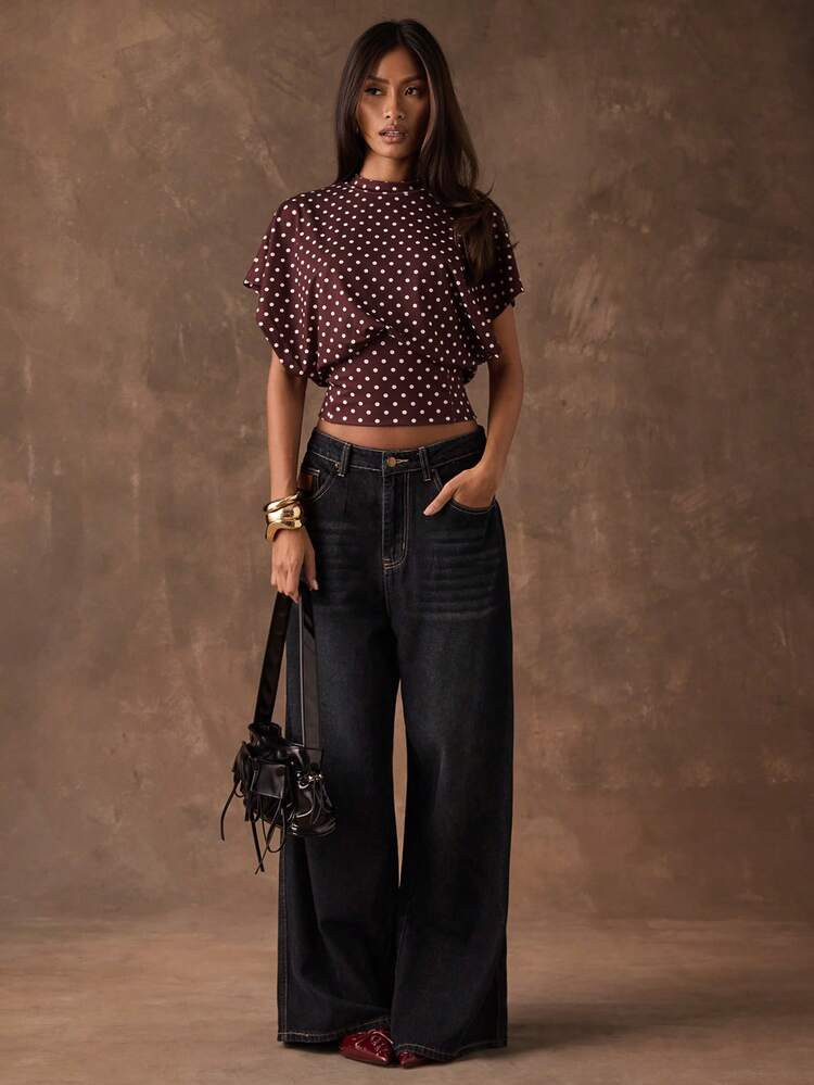 SHEIN BAE Women's Casual, Loose-Fitting, Round Neck, Burgundy Polka Dot Print Short-Sleeved Top. Casual Top, Commuting, And Going Out.Red Top Polka Dot Top | SHEIN