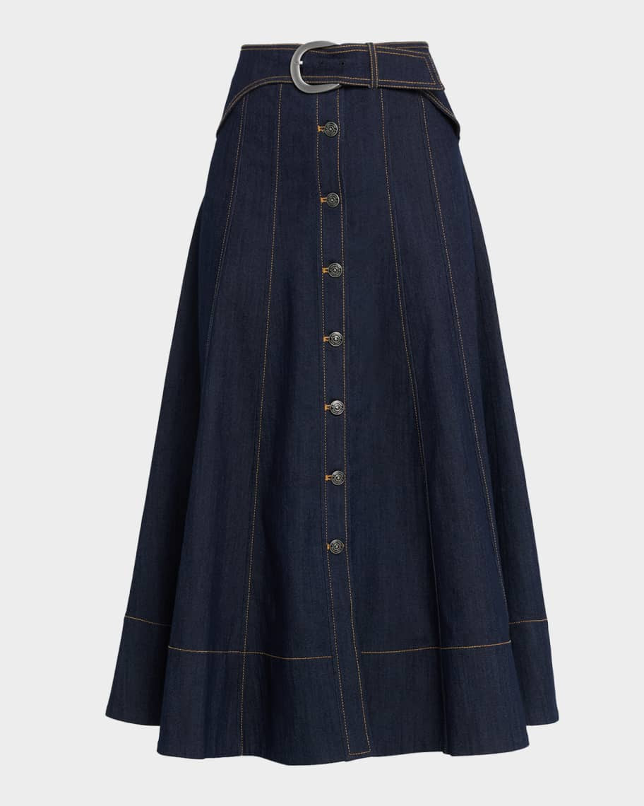 Cinq a Sept Briony Belted Denim Midi Skirt | Neiman Marcus