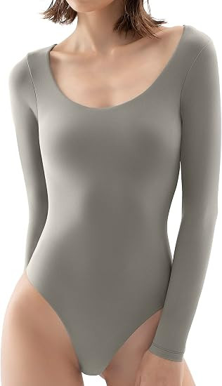 PUMIEY Women's Scoop Neck Long Sleeve Bodysuit Body-hugging Sexy Tops Smoke Cloud Collection | Amazon (US)