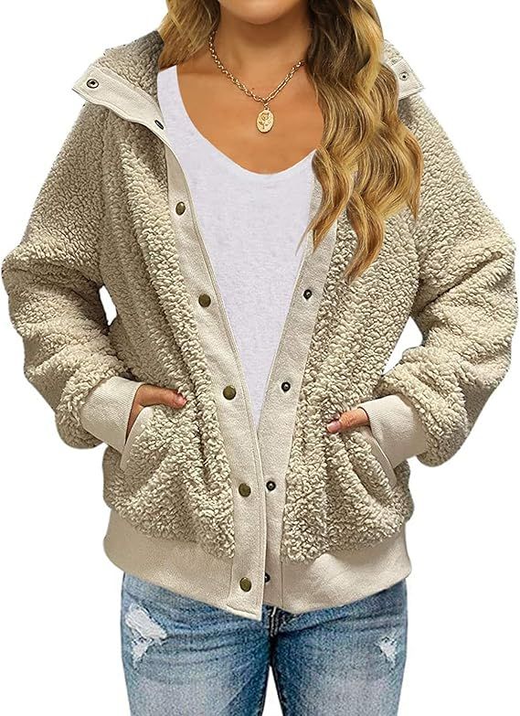 MEROKEETY Women's 2024 Winter Long Sleeve Button Sherpa Jacket Coat Pockets Warm Fleece | Amazon (US)