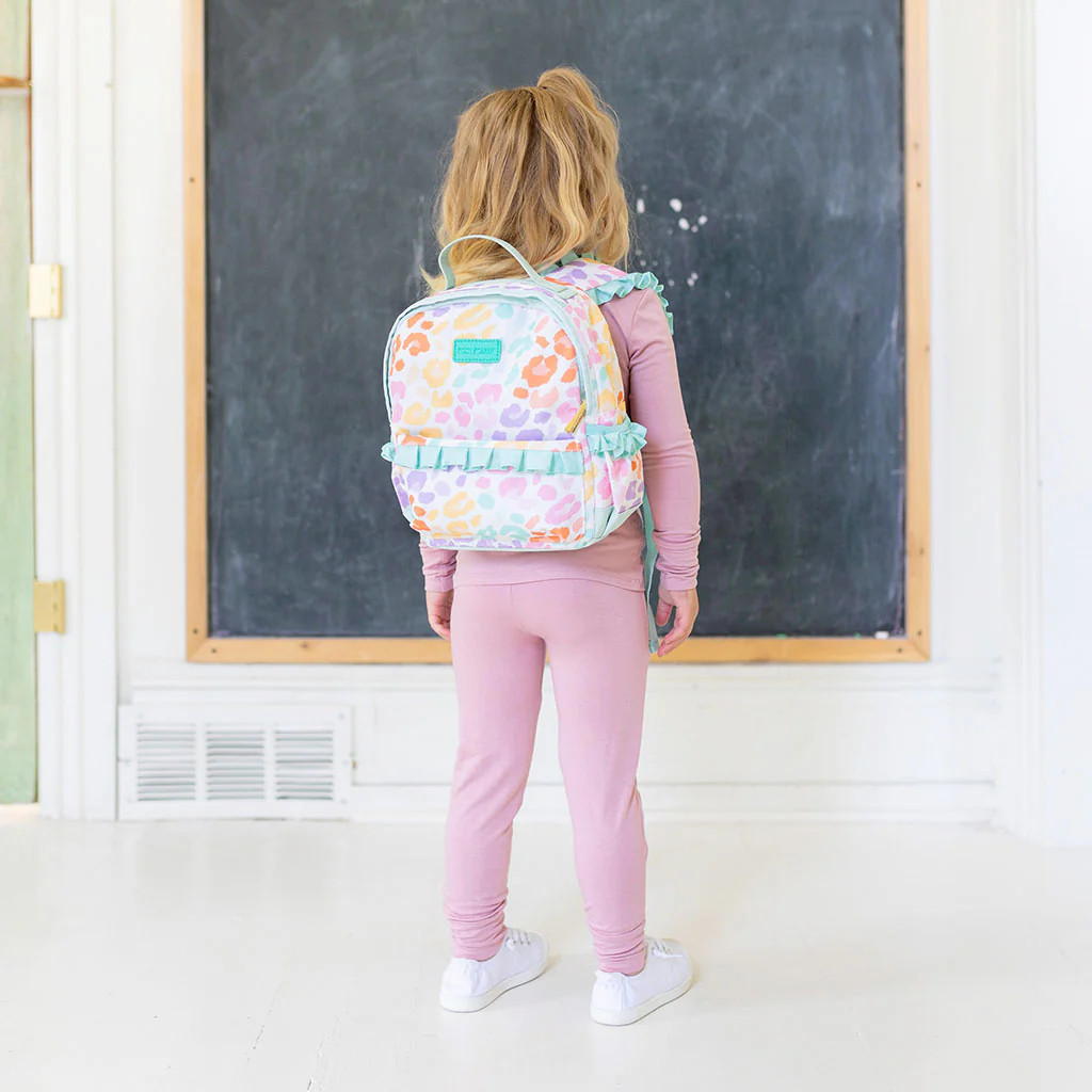 Leopard Multi Girls Mini Ruffled Backpack | Mina | Posh Peanut