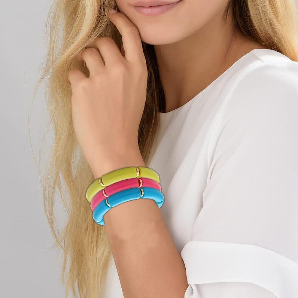 Chunky Bamboo Tube Bracelets Colorful Curved Resin Stretch Bracelet Gold Stacking Bangles Acrylic... | Amazon (US)