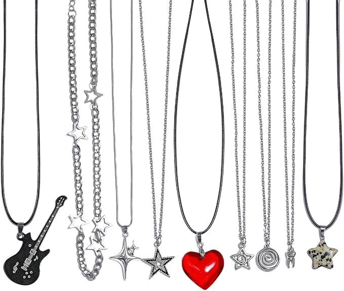 9 Pcs Y2K Grunge Goth Heart and Star Necklace Set for Women - Emo and Scene Accessories | Amazon (US)