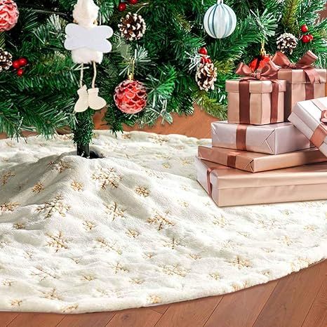 48 Inch Tree Skirt, Christmas Tree Mat White Faux Fur with Gold Snowflakes, Xmas Tree Skirts, Hol... | Amazon (US)