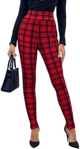 WDIRARA Women's Plaid Leggings High Waisted Skinny Pants Tummy Control Yoga Pants | Amazon (US)