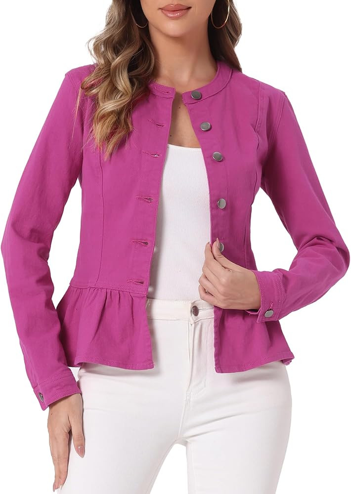 Allegra K Women's Peplum Denim Jackets Collarless Round Neck Button Down Cropped Ruffle Hem Jacke... | Amazon (US)