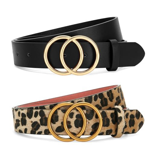 2 Pack Women Leather Belts Faux Leather Jeans Belt with Double O-Ring Buckle (Black & Leopard, M) | Amazon (US)