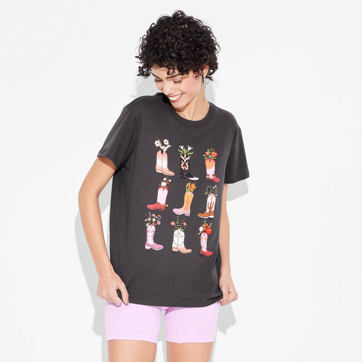 Women's Cowgirl Boot Grid Short Sleeve Graphic T-Shirt - Black XL | Target