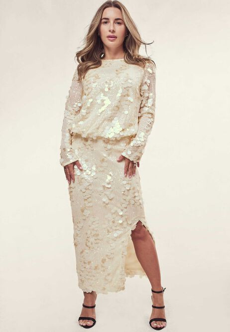 Womens Cream Sequin Disc Bubble Midi Skirt | Peacocks